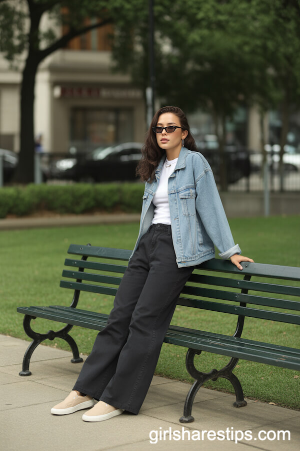 Black Wide-Leg Pants with a Denim Jacket and White Tee