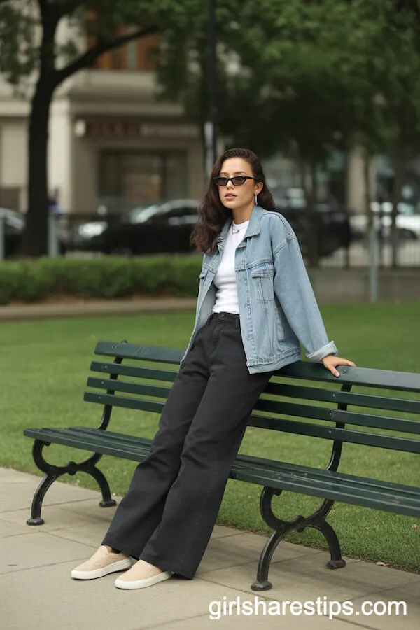 Black Wide-Leg Pants with a Denim Jacket and White Tee