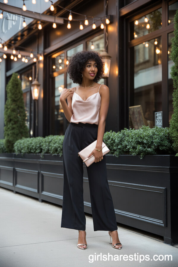 Black Wide-Leg Pants with a Pink Satin Cami and Strappy Heels