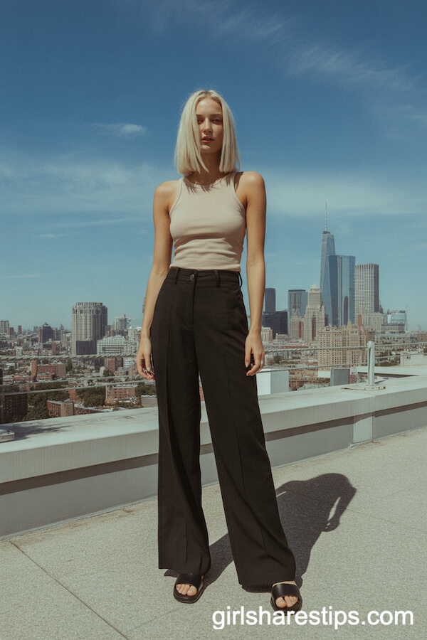Black Wide-Leg Pants with a Nude Tank Top and Black Sandals