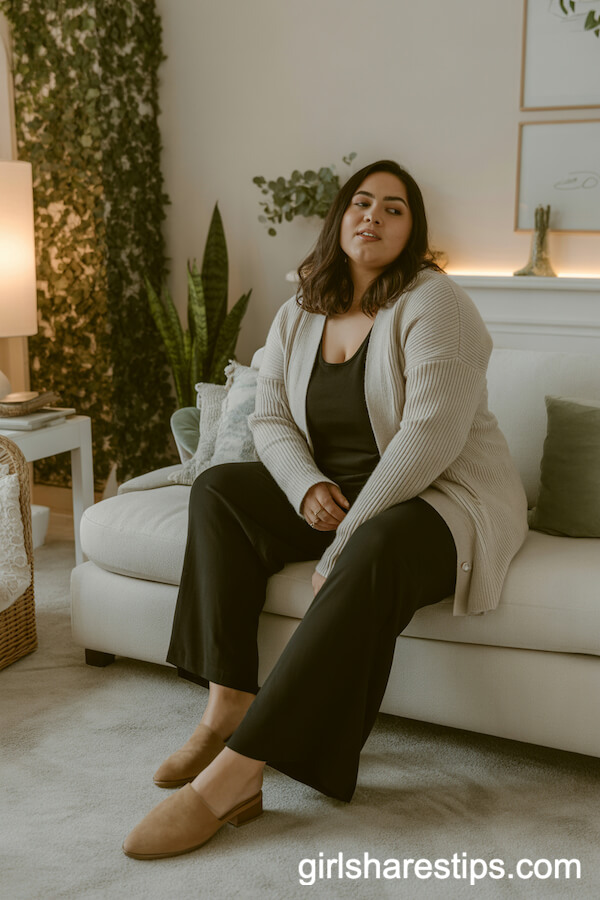 Black Wide-Leg Pants with a Cream Cardigan and Suede Mules