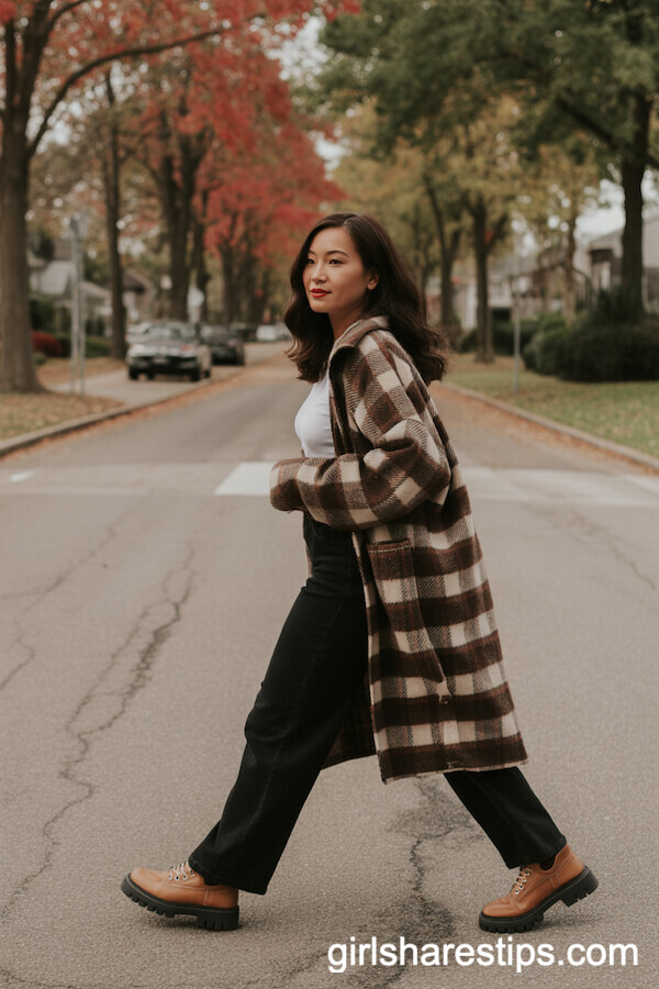 Black Wide-Leg Pants with an Oversized Plaid Shacket and Chunky Boots