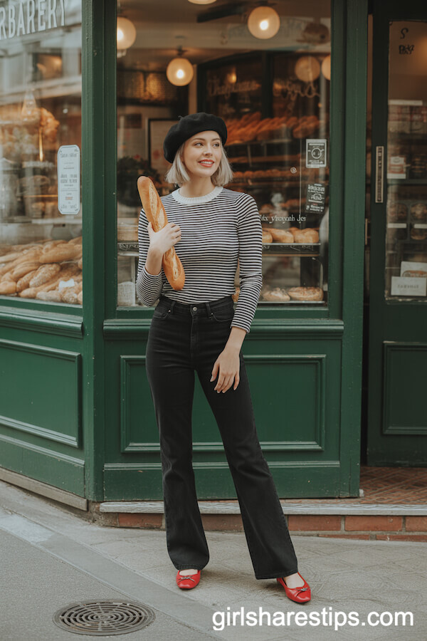 Black Wide-Leg Pants with a Striped Sweater, Beret, and Ballet Flats