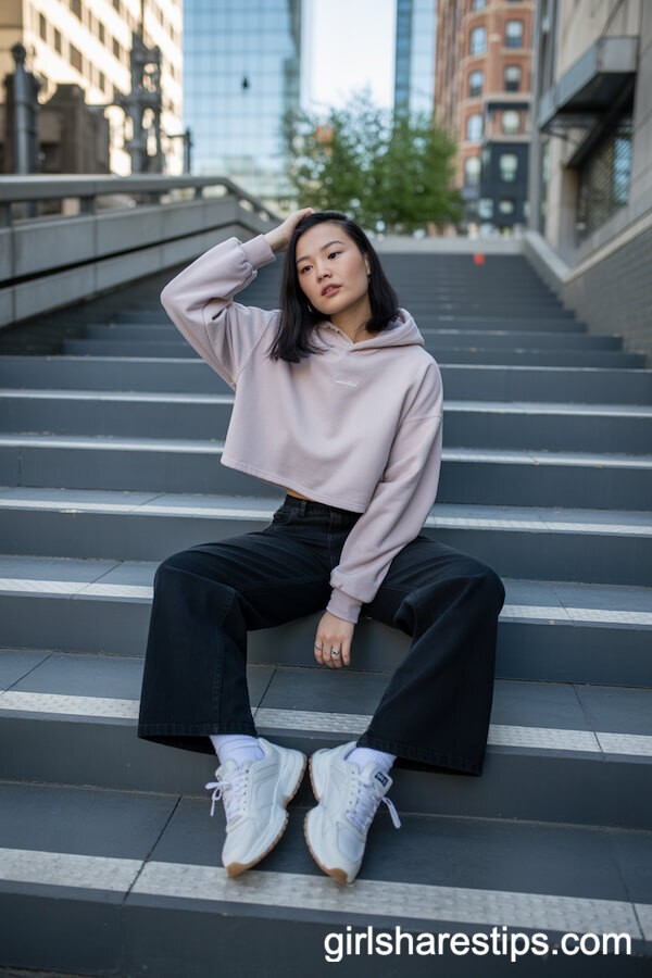 Black Wide-Leg Pants with a Cropped Pastel Hoodie and Chunky Sneakers