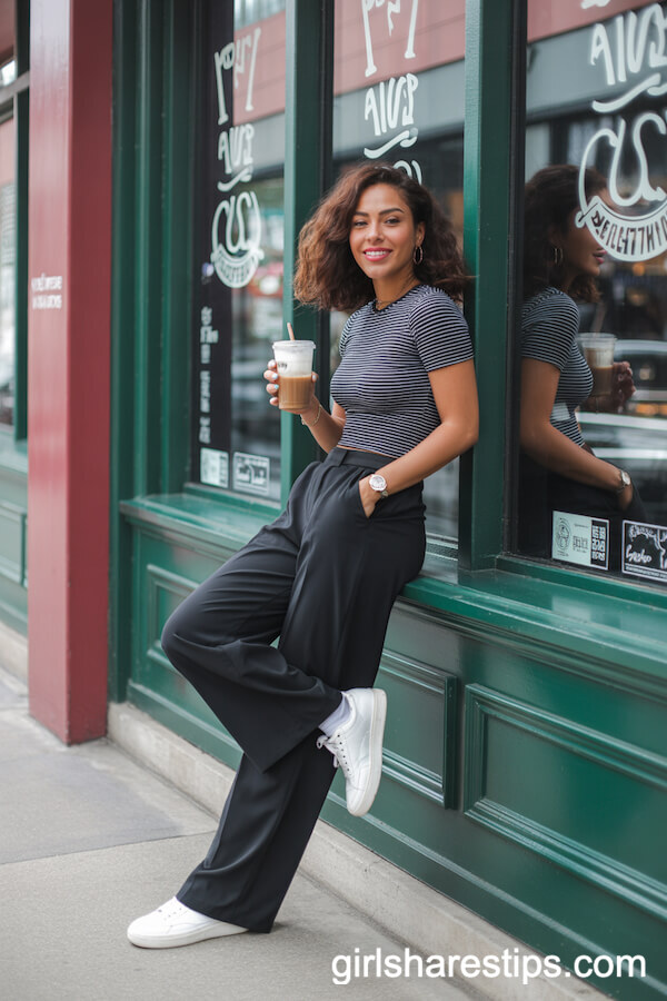 Casual Black Wide-Leg Pants with a Striped Tee and White Sneakers