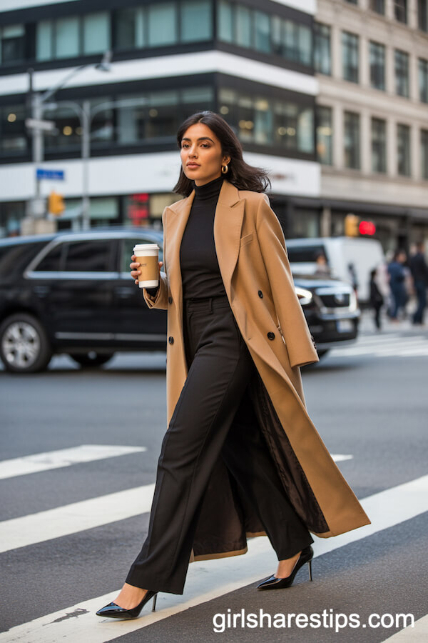 Black Wide-Leg Pants with a Fitted Turtleneck and Long Camel Coat