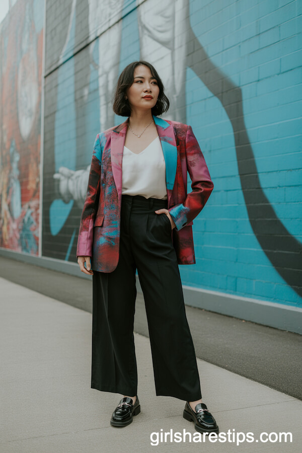 Black Wide-Leg Pants with a Statement Blazer and White Camisole