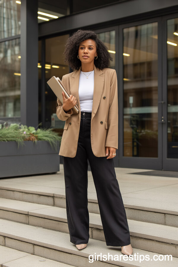 High-Waisted Black Wide-Leg Pants with a Tan Blazer and Ankle Boots