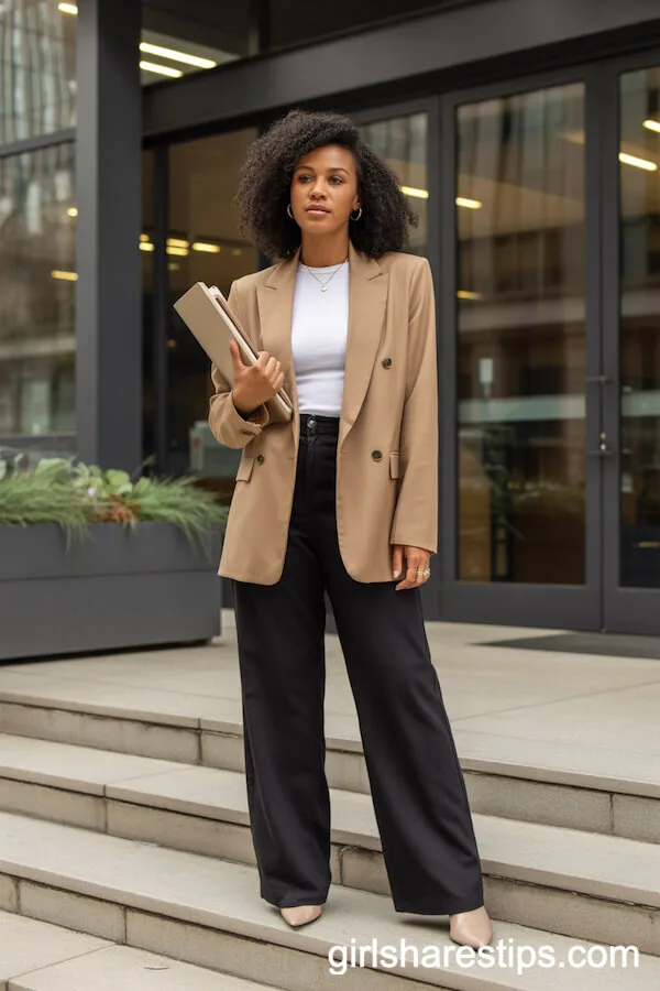 High-Waisted Black Wide-Leg Pants with a Tan Blazer and Ankle Boots