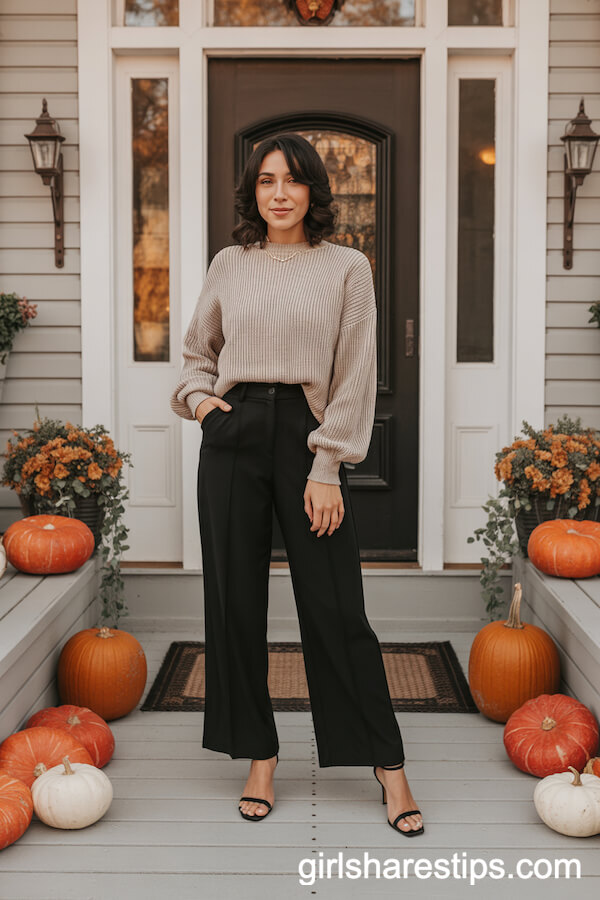 Black Wide-Leg Pants with a Chunky Sweater and Strappy Heels
