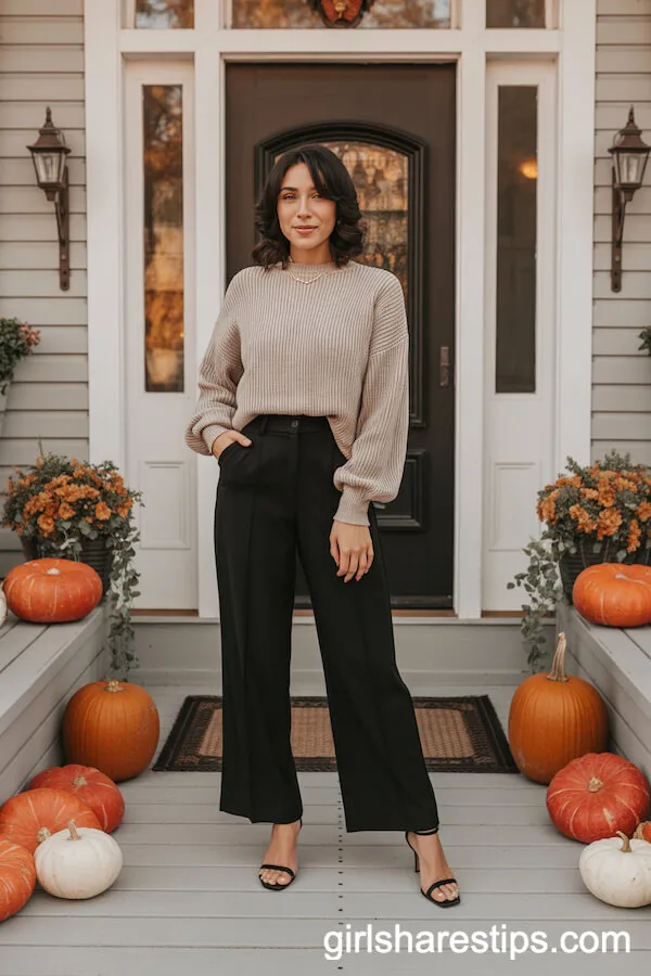 Black Wide-Leg Pants with a Chunky Sweater and Strappy Heels