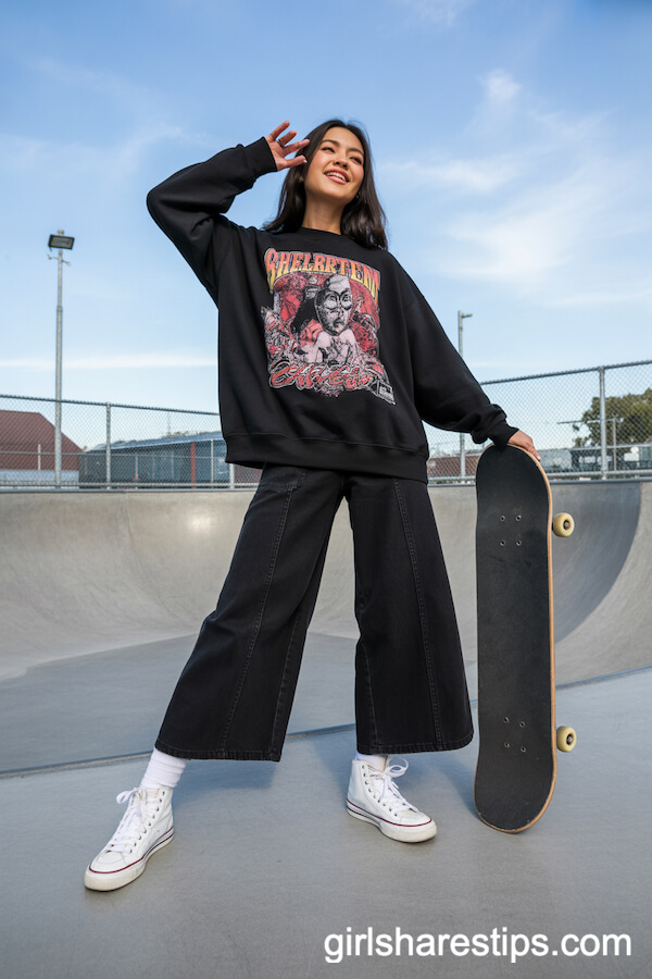 Black Wide-Leg Pants with a Graphic Sweatshirt and High-Top Sneakers