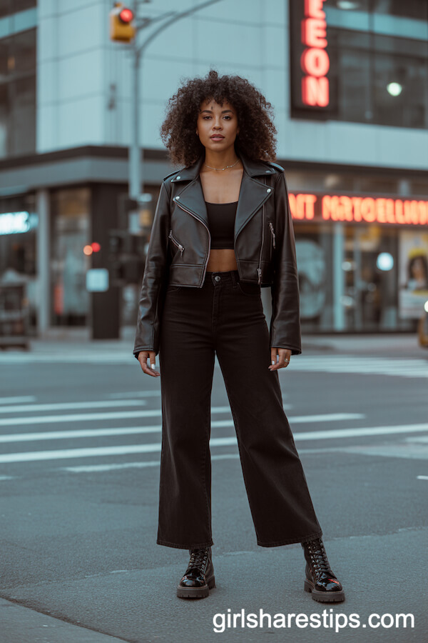 Black Wide-Leg Pants with a Cropped Leather Jacket and Combat Boots