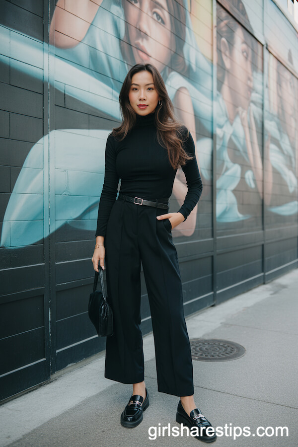 All-Black Wide-Leg Pants with a Turtleneck and Loafers