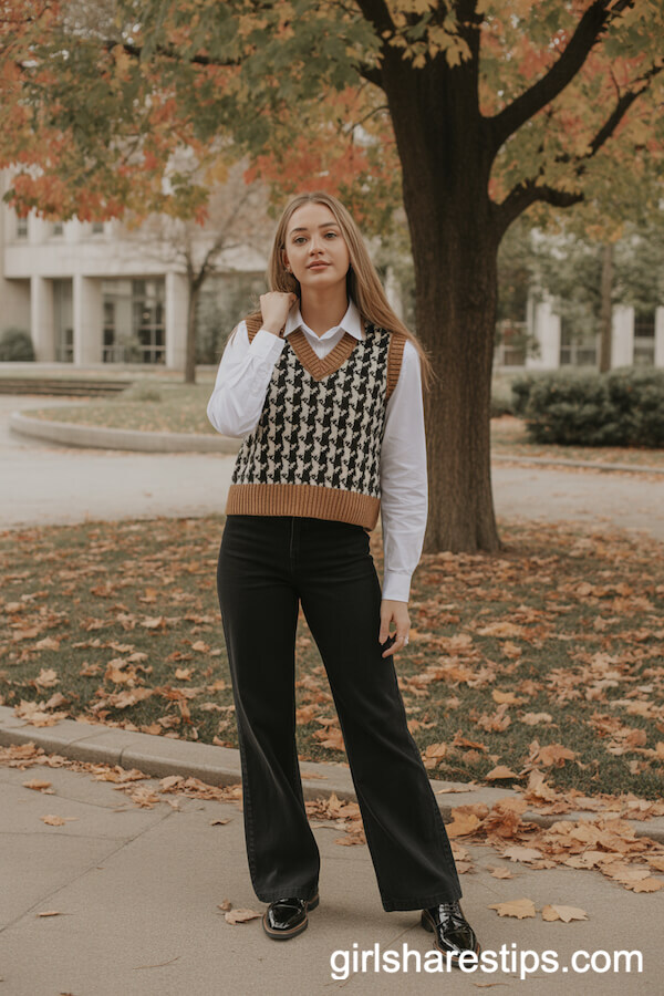 Black Wide-Leg Pants with a Sweater Vest and Oxford Shoes