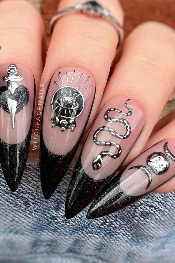 Black Stiletto Nails with Silver Witchy Charms