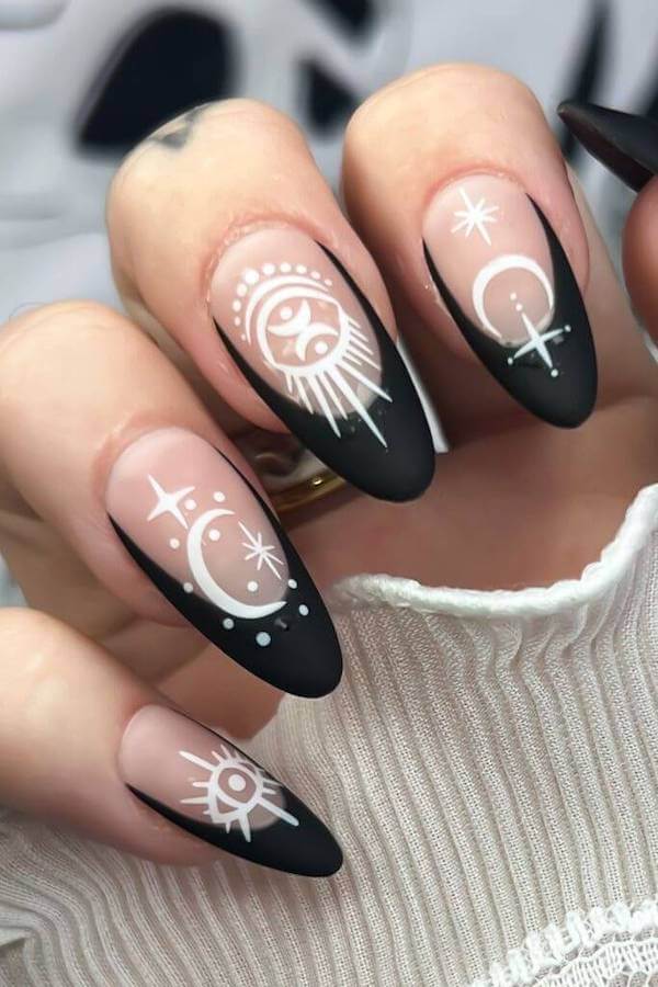 Matte Black Celestial Nails with White Symbols