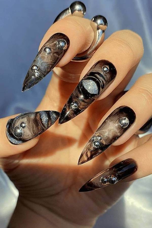 Smoky Black Marble Nails with Silver Accents
