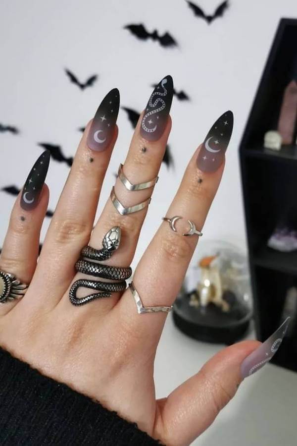Black Ombre Witchy Nails with Moon and Snake Art