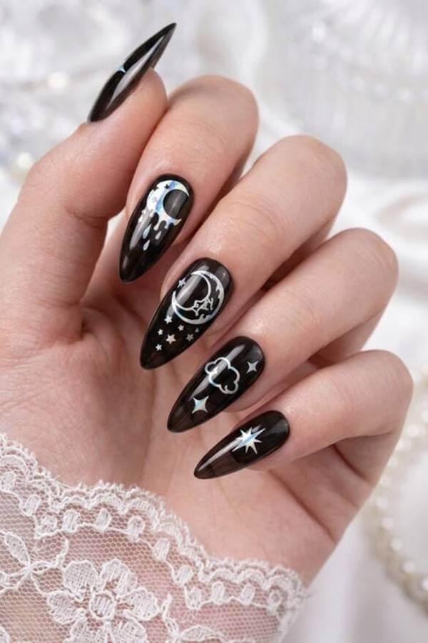 Black Mystic Nails with Moon, Stars, and Clouds