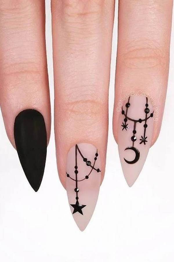 Matte Black and Nude Nails with Star and Moon Designs