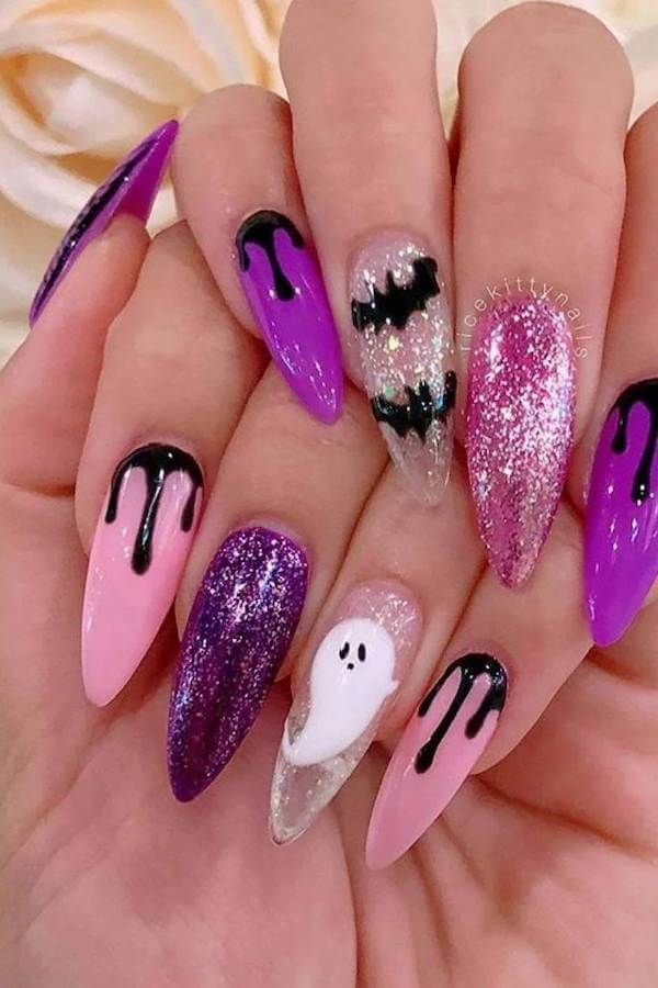 Purple and Pink Witchy Ghost Nails