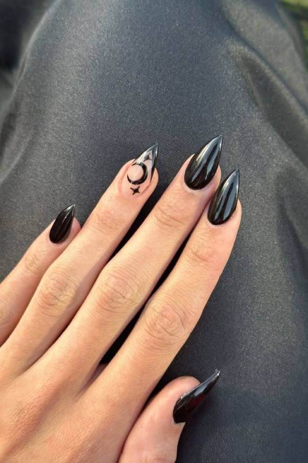 Glossy Black Witchy Stiletto Nails