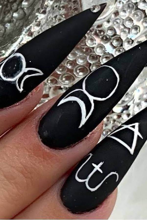 Matte Black Nails with White Witch Symbols