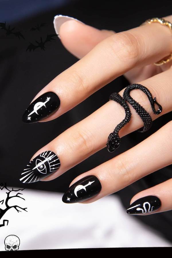 Mystical Black and White Symbol Nails