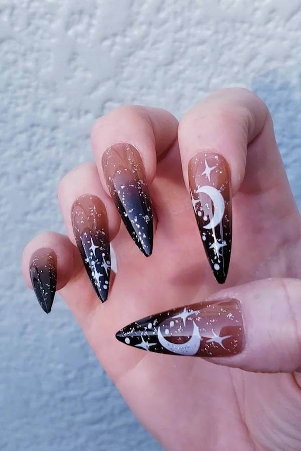 Black Ombre Nails with Moon and Stars
