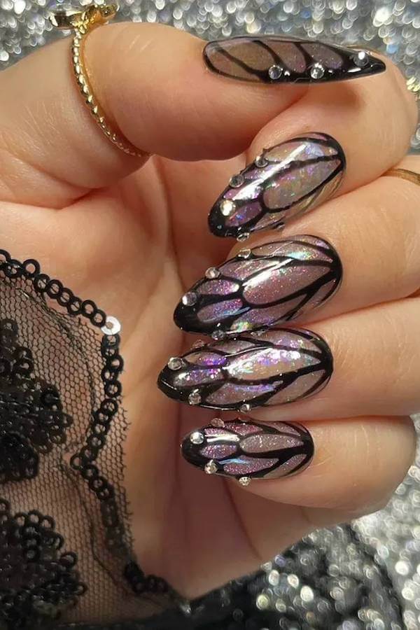 Holographic Black Butterfly Wing Nails