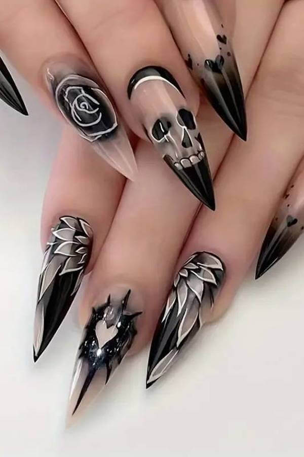 Gothic Black Stiletto Nails with Skull and Wings