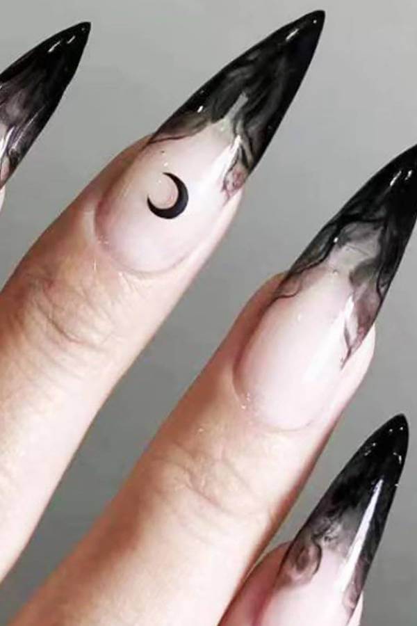 Smoky Black Stiletto Nails with Crescent Moon