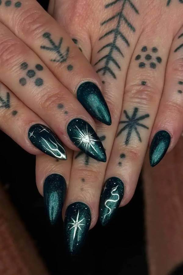 Metallic Green Witchy Nails with Mystical Symbols