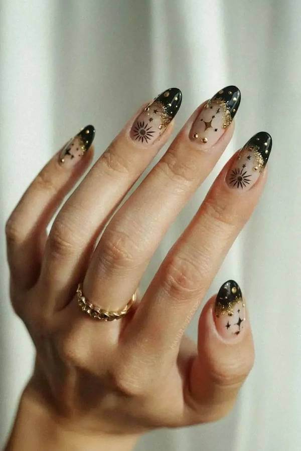 Black and Gold Celestial French Tip Nails