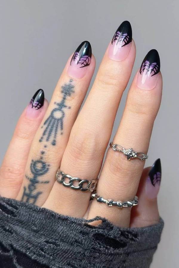 Black Spider Web French Tip Nails