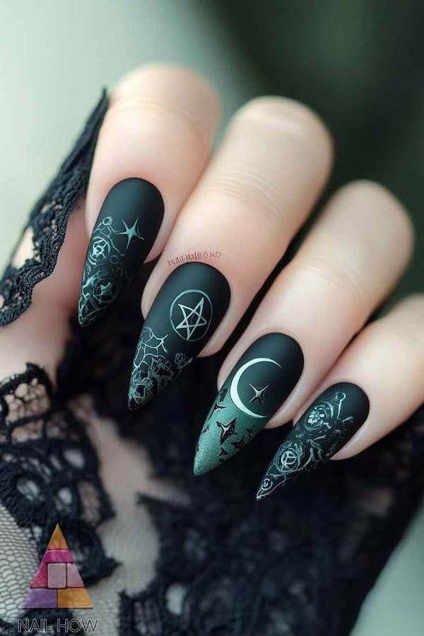 Matte Black Nails with Green Mystical Designs
