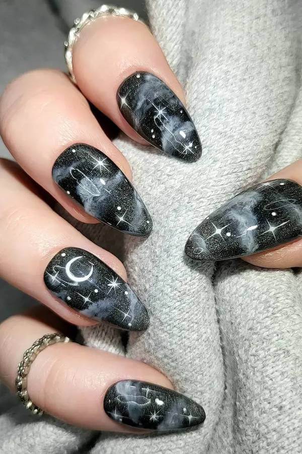 Black Galaxy Nails with Stars and Moons