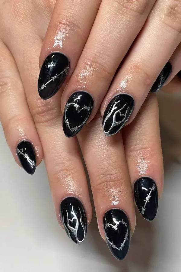 Black Nails with Silver Barbed Wire and Hearts