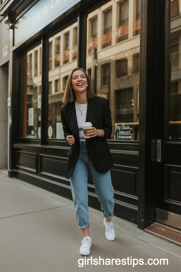 Black Blazer with White Tee and Blue Jeans for Coffee Runs