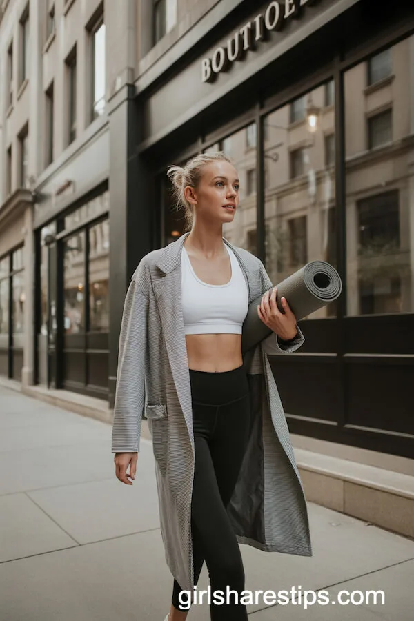 Longline Grey Blazer Over Sports Bra and Leggings for Post-Yoga