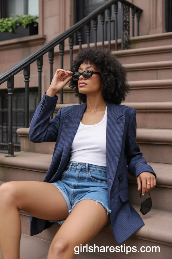 Navy Pinstripe Blazer with Tank Top and Denim Shorts
