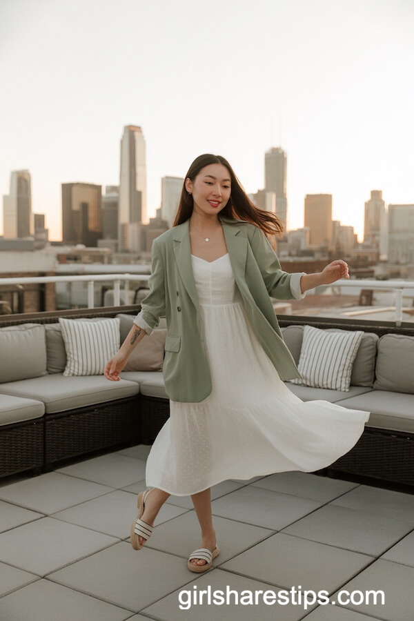 Sage Green Blazer over Midi Dress on a Rooftop Terrace
