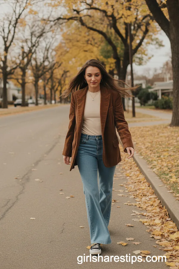 Brown Corduroy Blazer with Tee and Flared Jeans