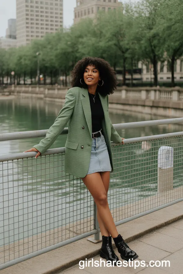 Green Checked Blazer with Denim Mini Skirt and Boots