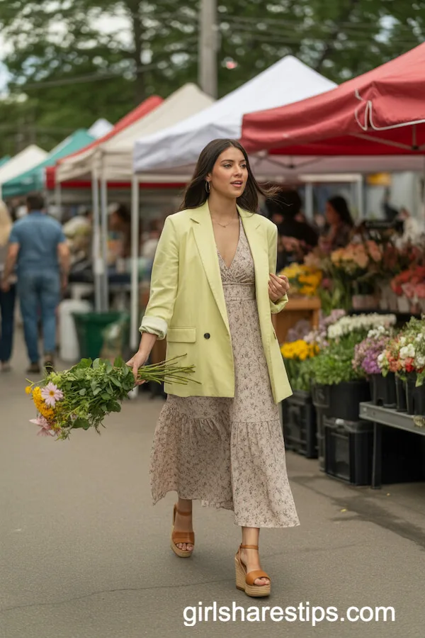 Soft Yellow Blazer Over Floral Maxi Dress for the Market