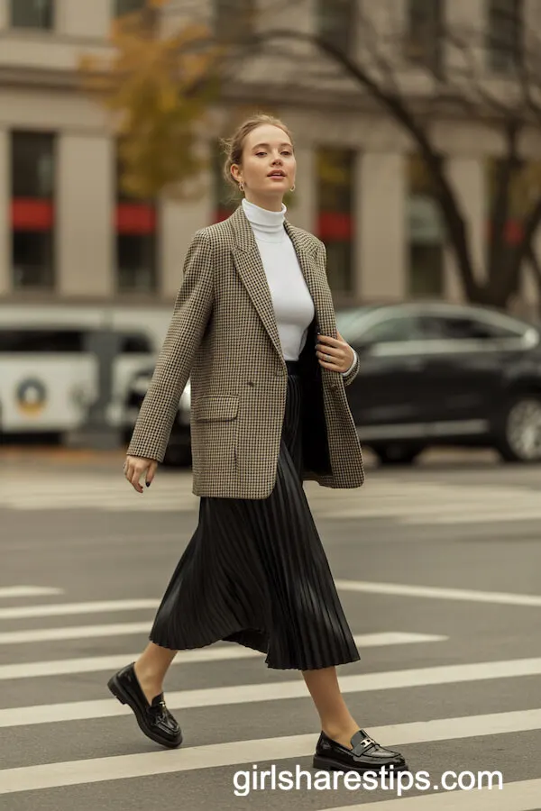 Houndstooth Blazer with White Turtleneck and Pleated Midi Skirt