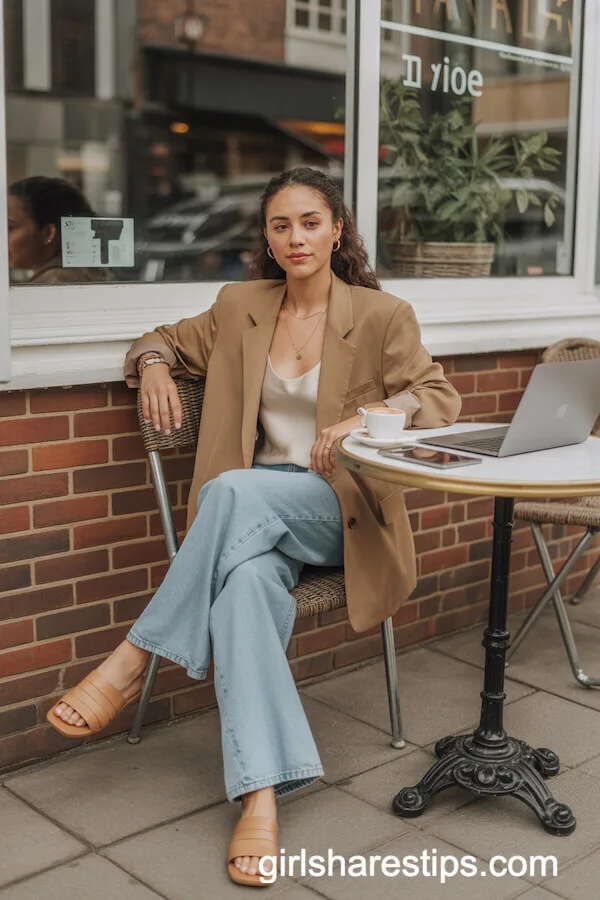 Tan Oversized Blazer with Silk Cami and Wide-Leg Jeans