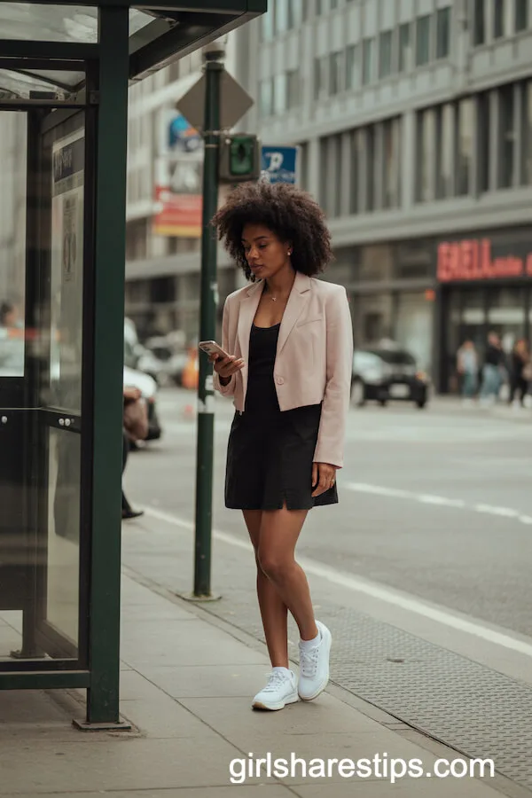 Light Pink Cropped Blazer Over Black Mini Dress