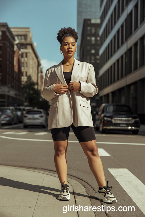 Oversized Beige Blazer with Biker Shorts and Chunky Sneakers
